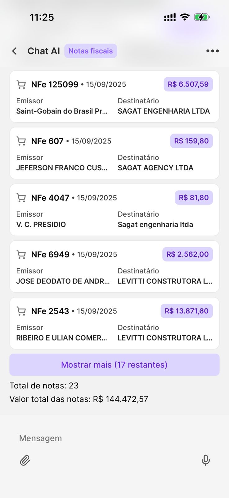 Tela do produto no mobile — Chat AI
