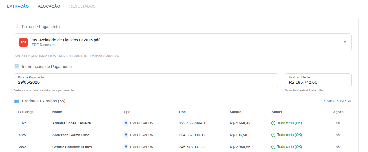 Lista de folhas processadas no ConstruSecurity