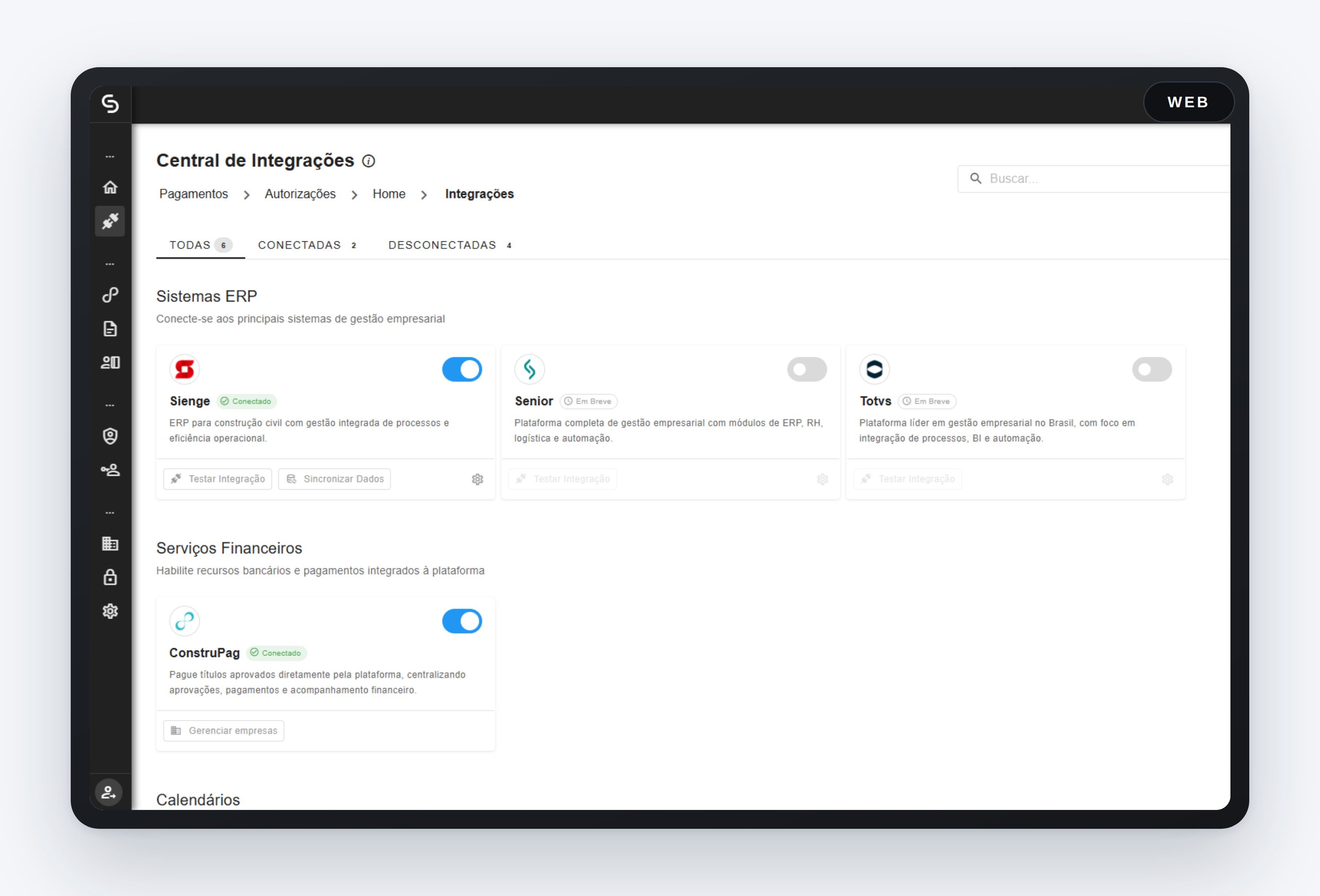 Tela do produto no desktop — Integração (Central de Integrações)